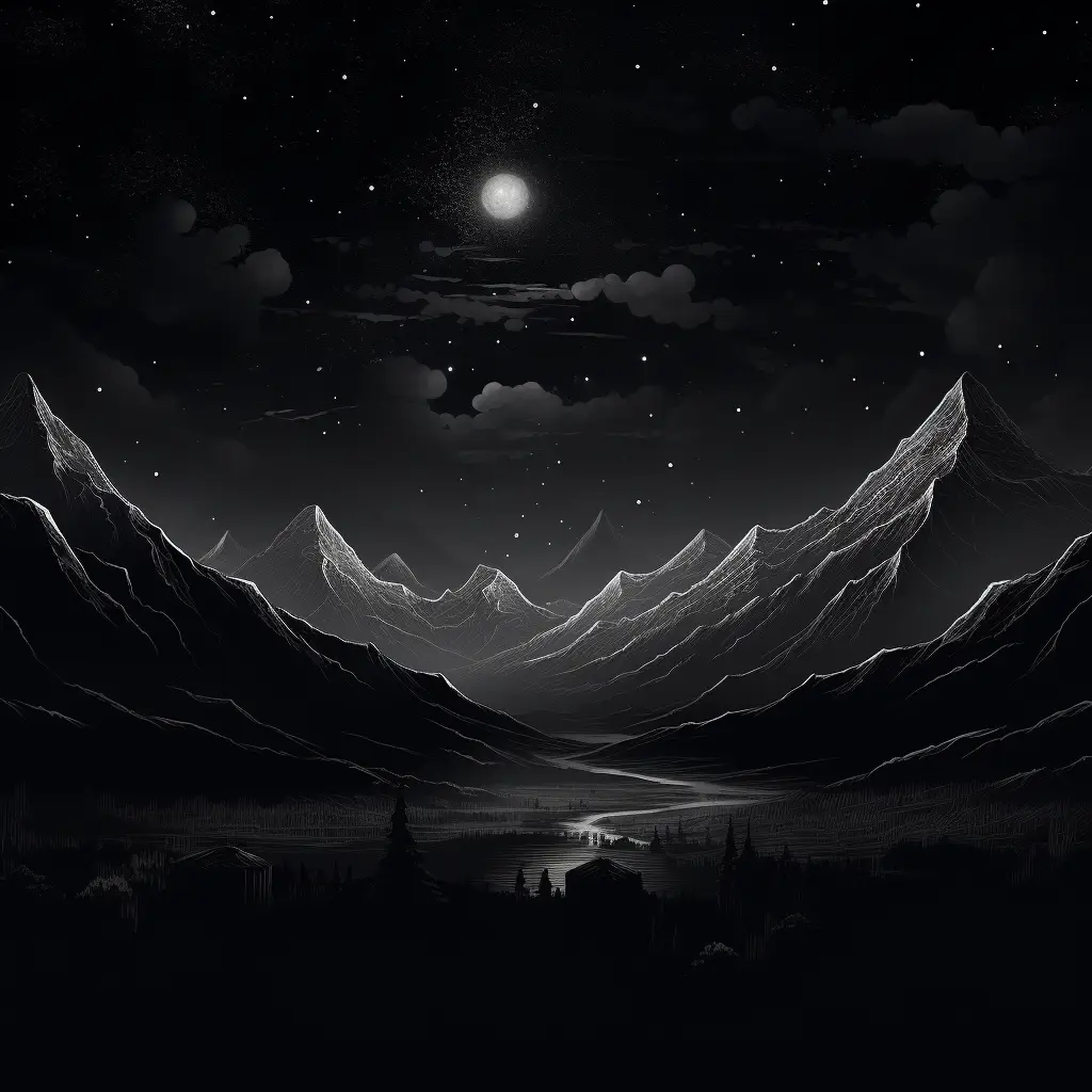 black night mountain river tree drawing illustration