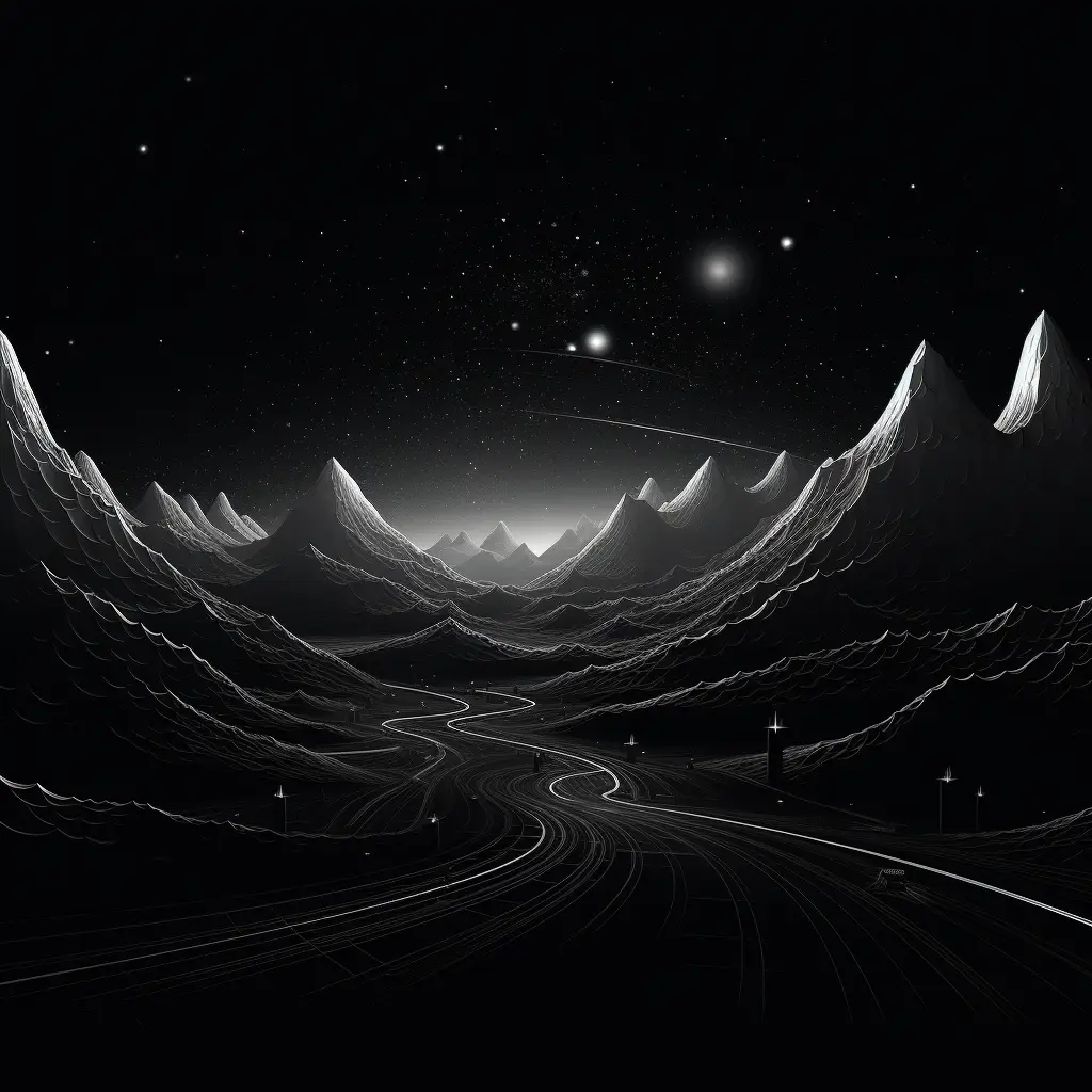 black night mountain river tree illustration drawing