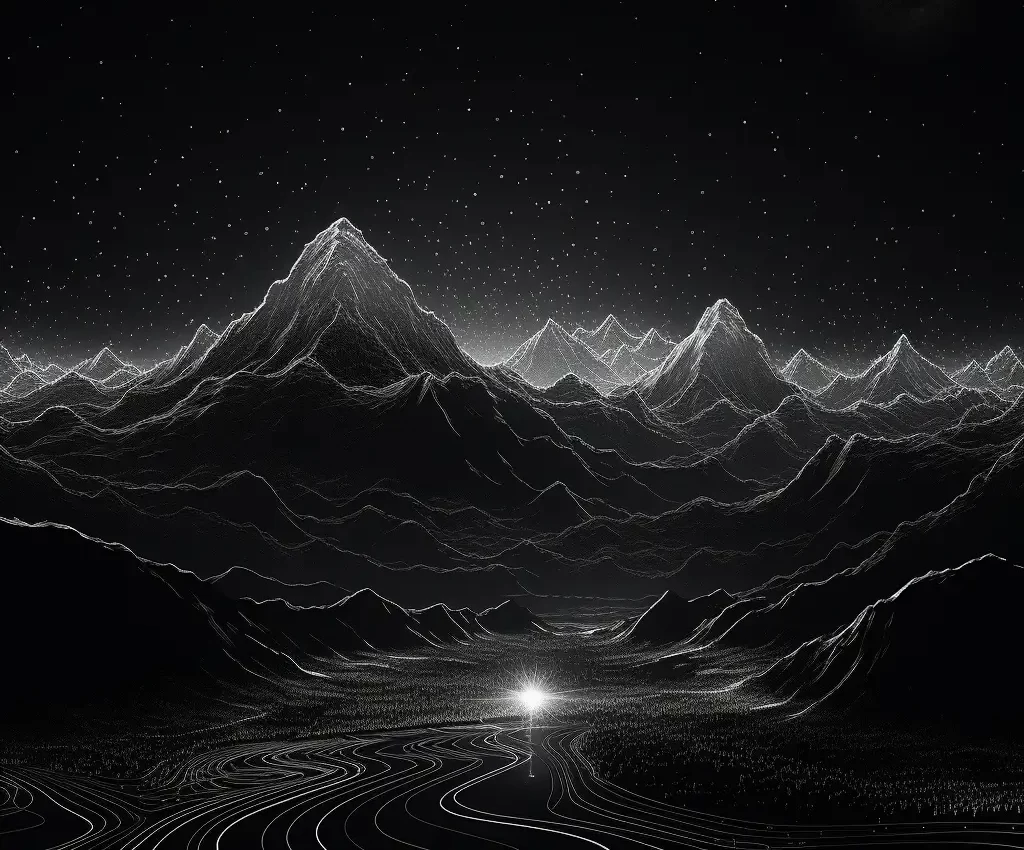 black night mountain tree river drawing illustration