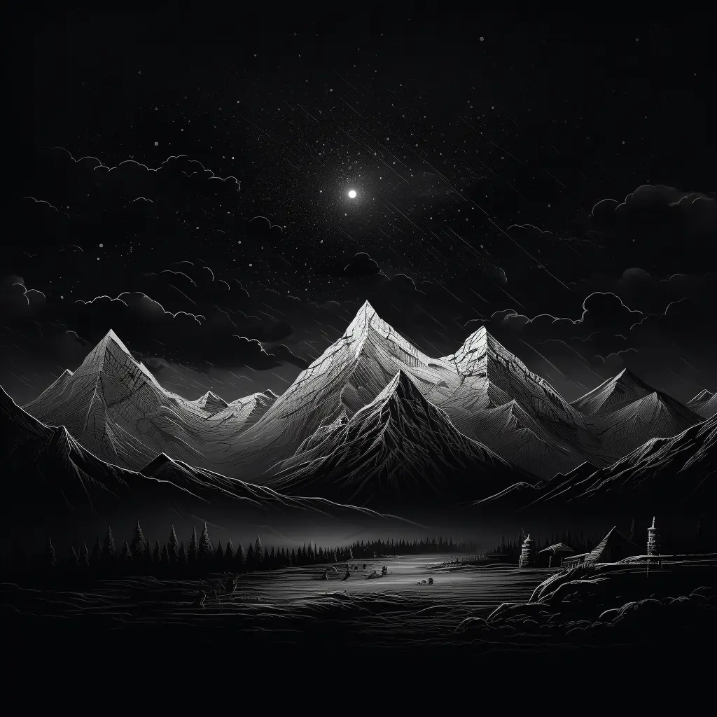 black night mountain tree river illustration drawing