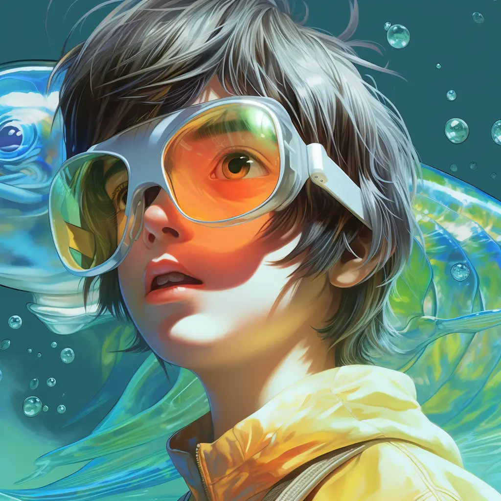 boy swim swimming glasses sea water goggles portrait painting