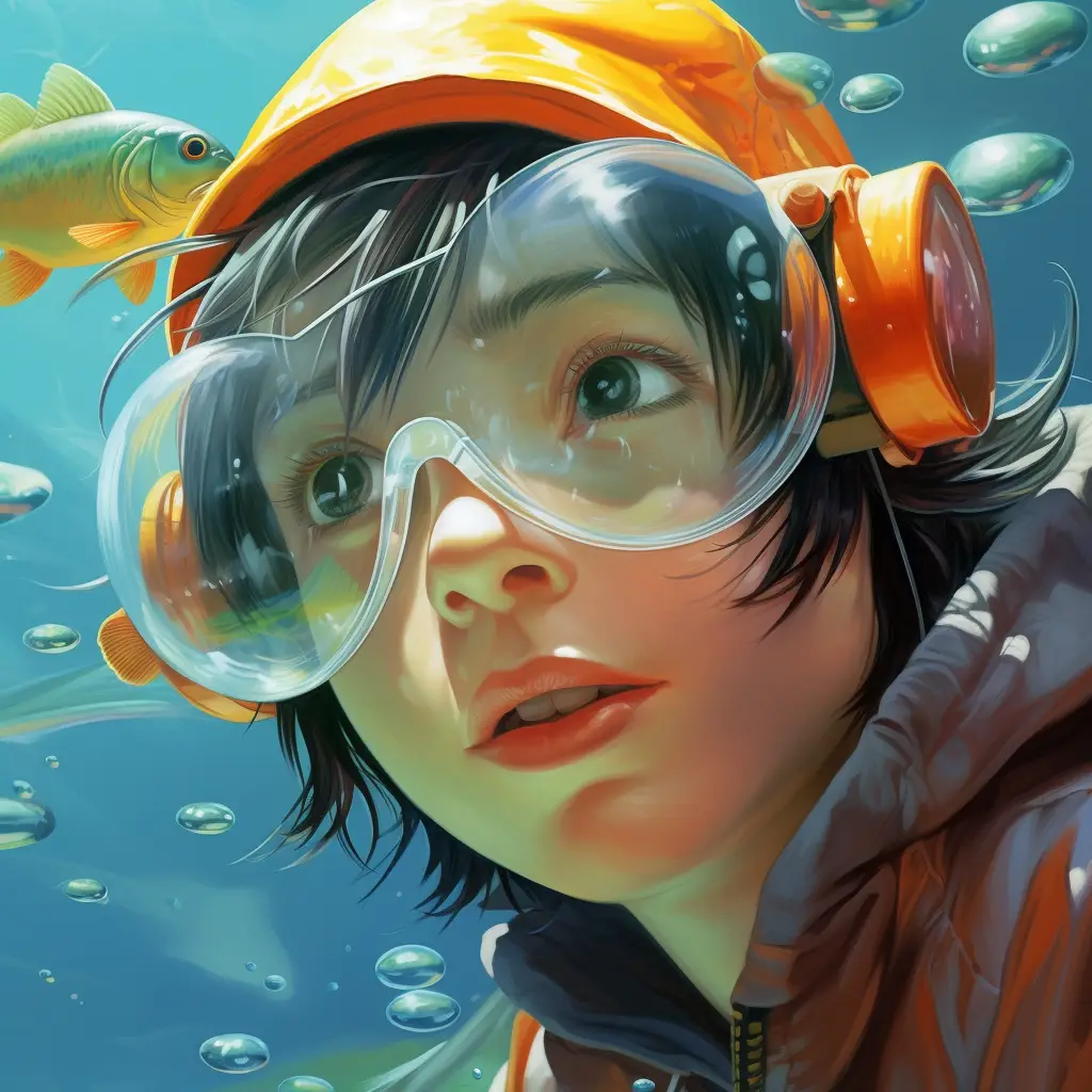 boy swim swimming glasses water sea goggles portrait painting