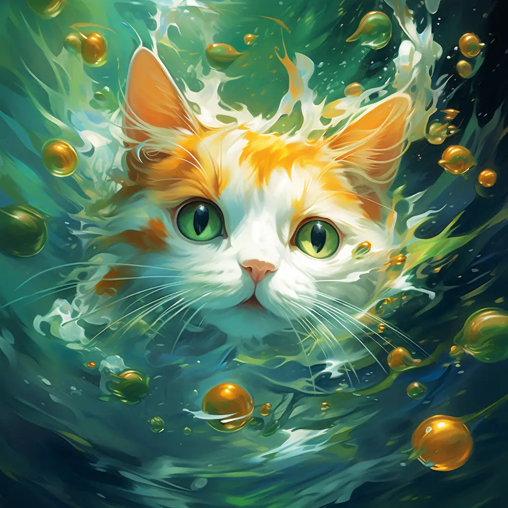 cat sea swim swimming underwater water oil painting