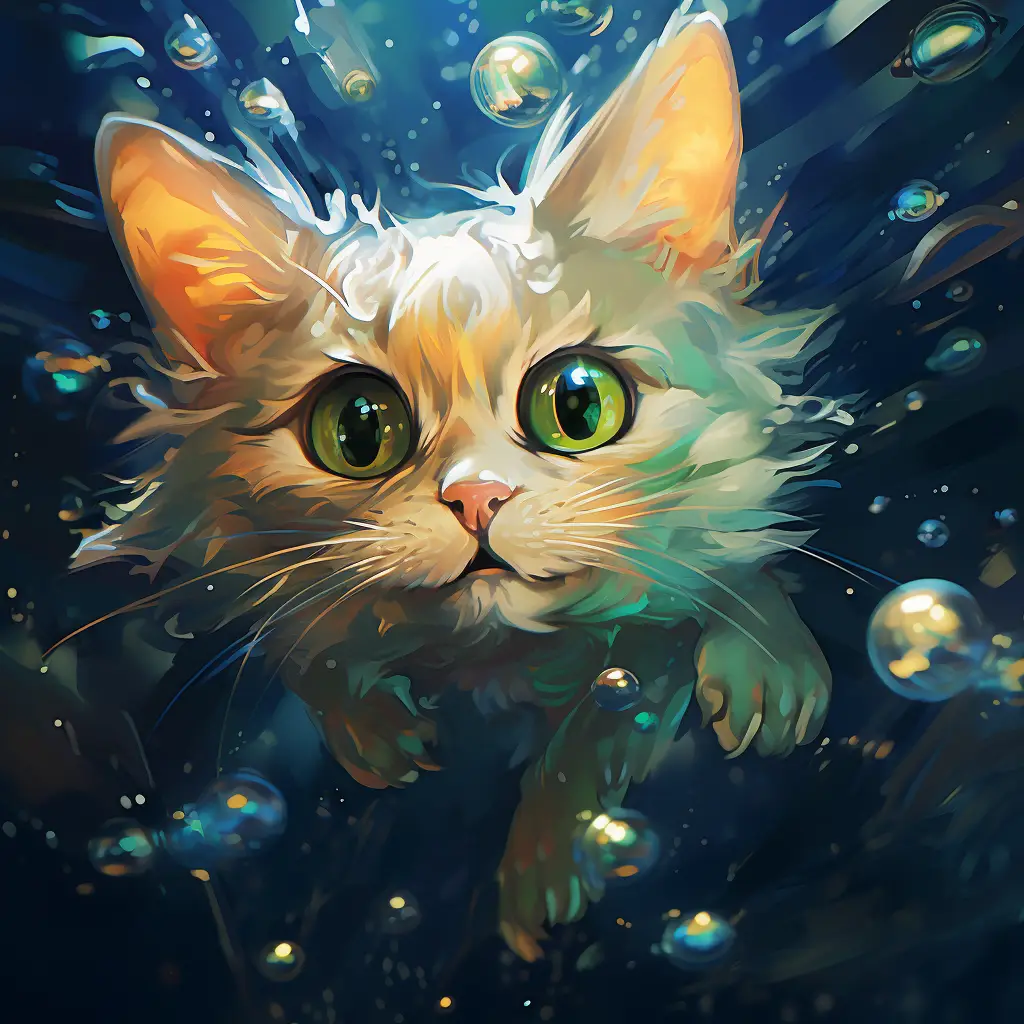 cat swim sea swimming underwater water oil painting