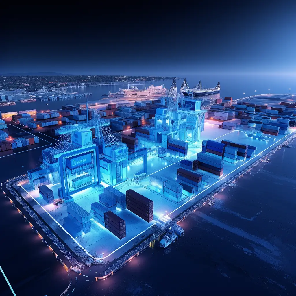 container port scene blue technology model 3D