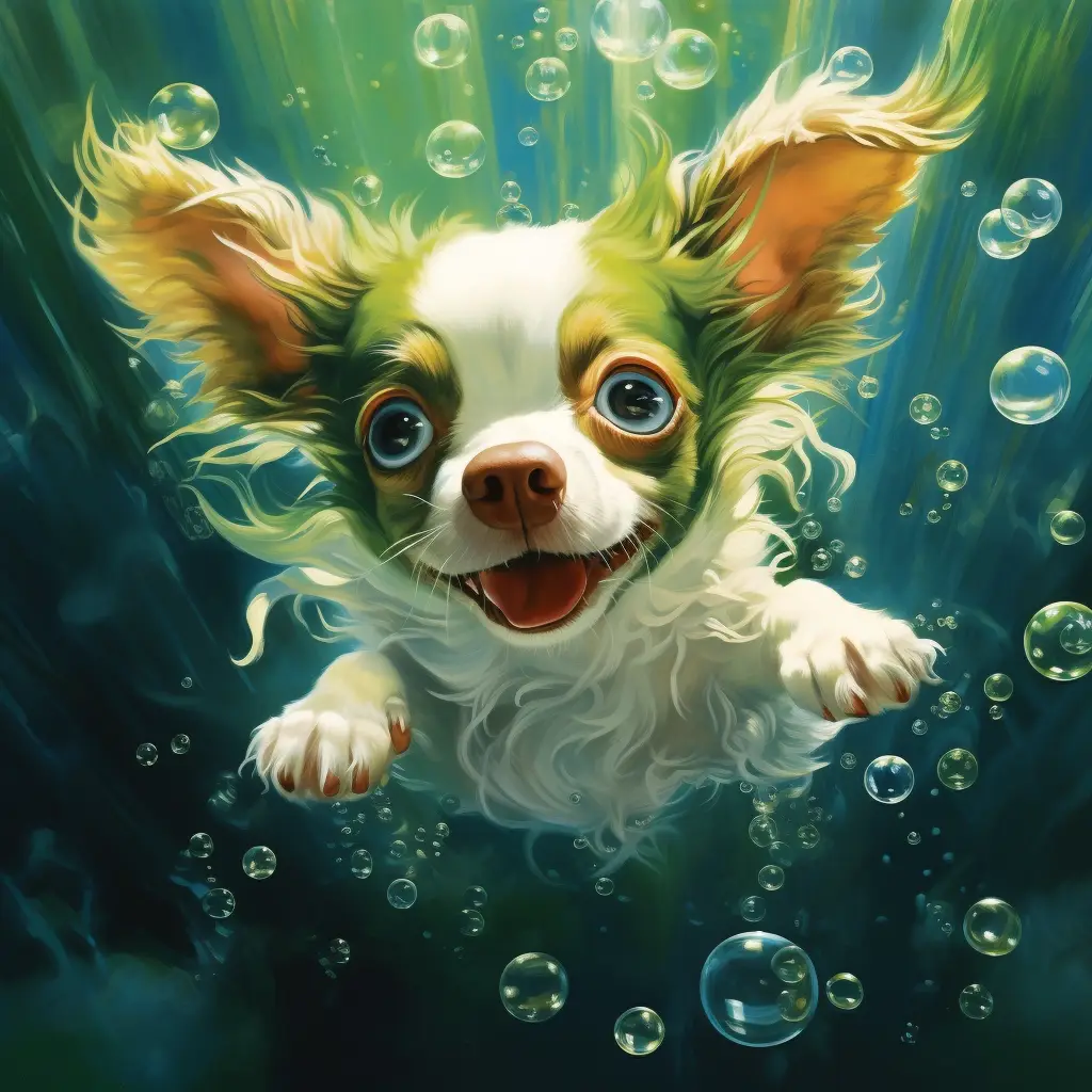 dog sea swim swimming water underwater oil painting