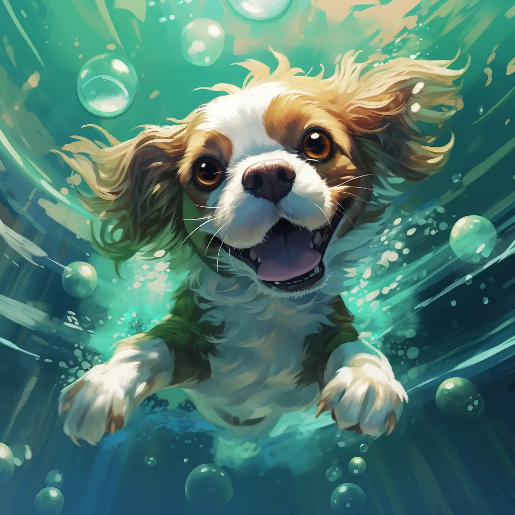 dog swim sea swimming underwater water oil painting