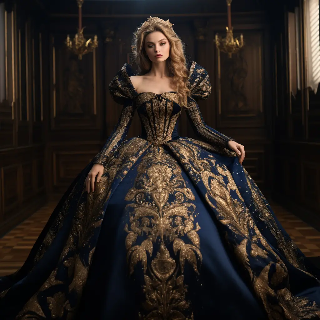 dress wedding noble regal costume designing blue gold