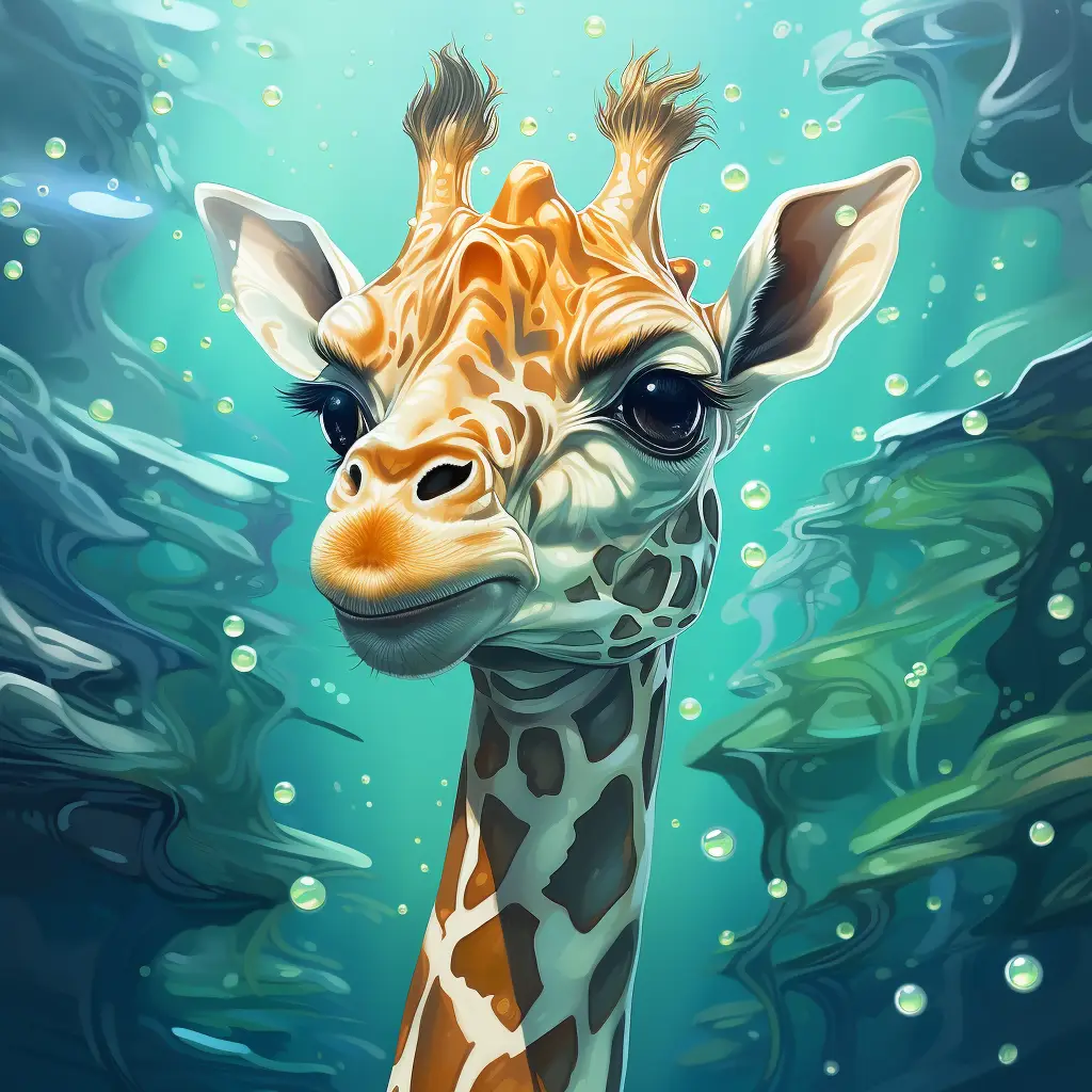 giraffe sea swim swimming underwater water oil painting