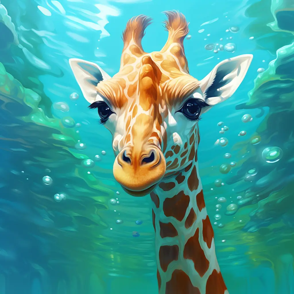 giraffe swim sea swimming underwater water oil painting