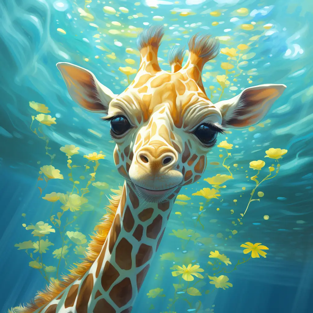 giraffe swim sea swimming water underwater oil painting