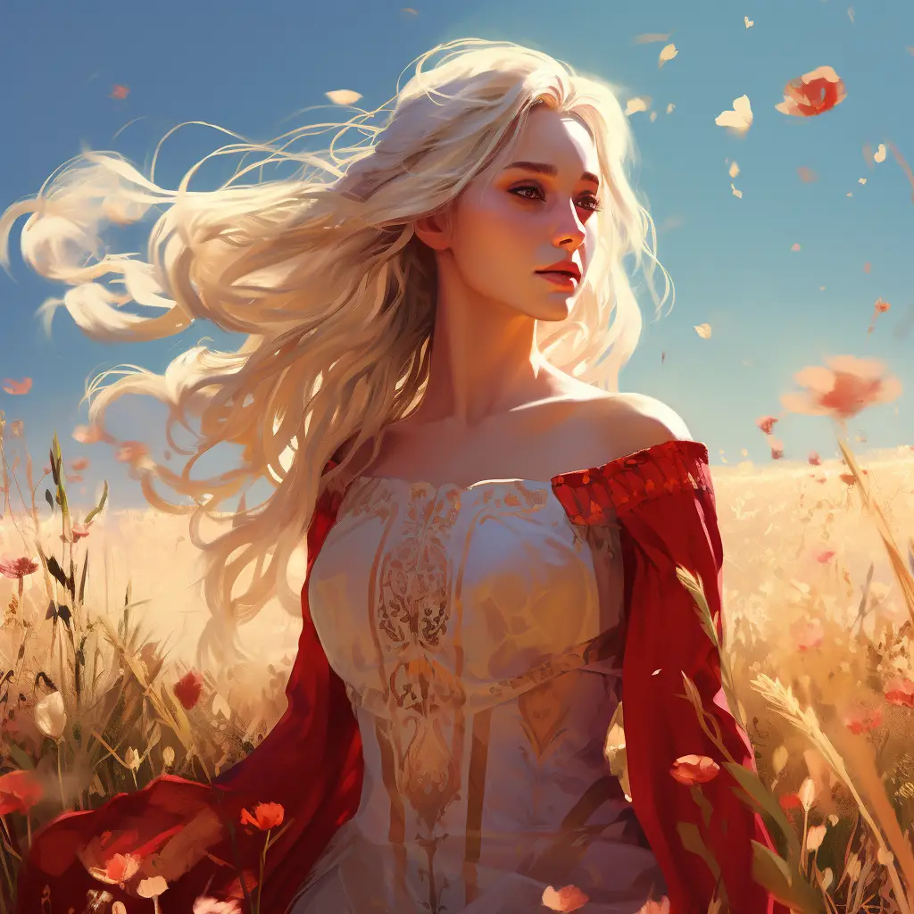 girl woman lady princess beautiful long hair dress red beautiful drawing face sunshine painting