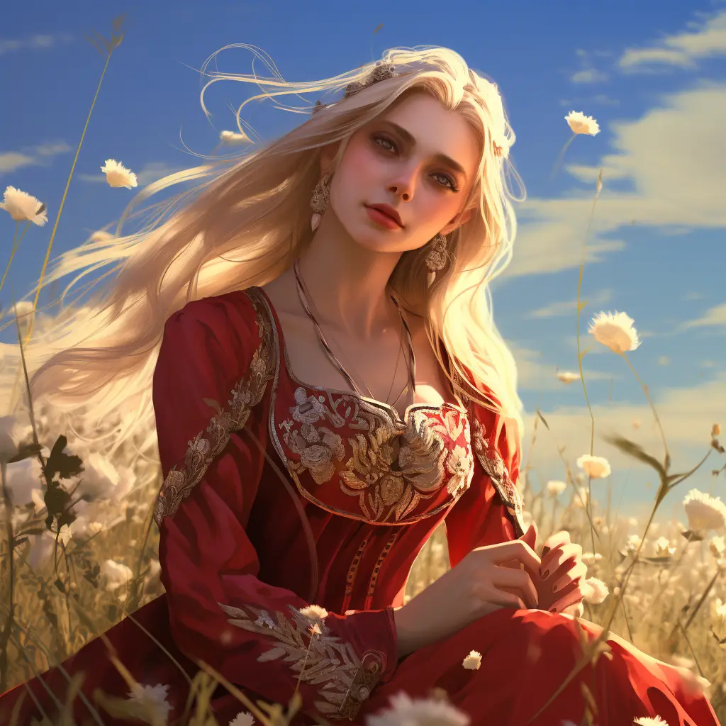 girl woman lady princess beautiful long hair dress red beautiful face drawing sunshine painting