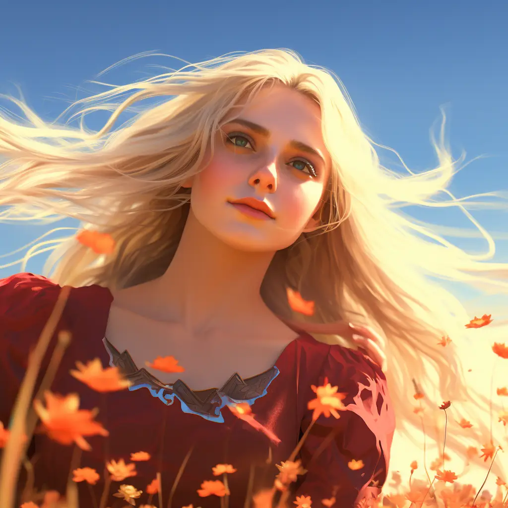 girl woman lady princess beautiful long hair red dress beautiful drawing face sunshine painting