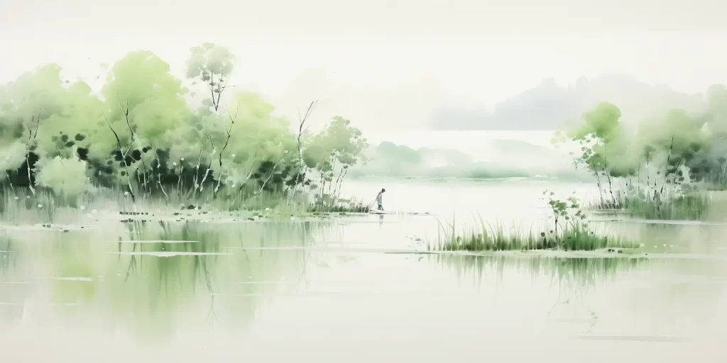 green Chinese ink wash painting forest grassland lake illustration