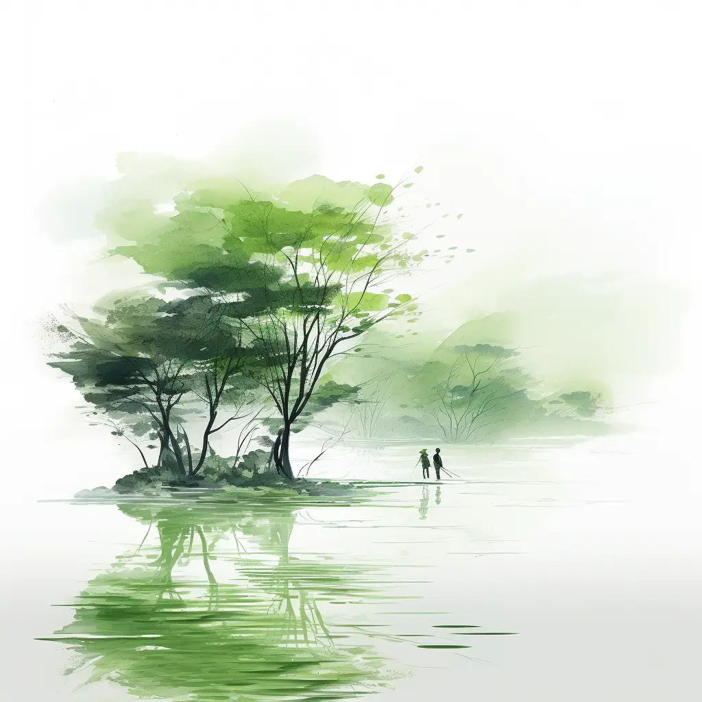 green Chinese ink wash painting forest lake grassland illustration