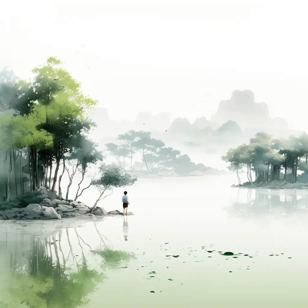 green Chinese ink wash painting grassland lake forest illustration