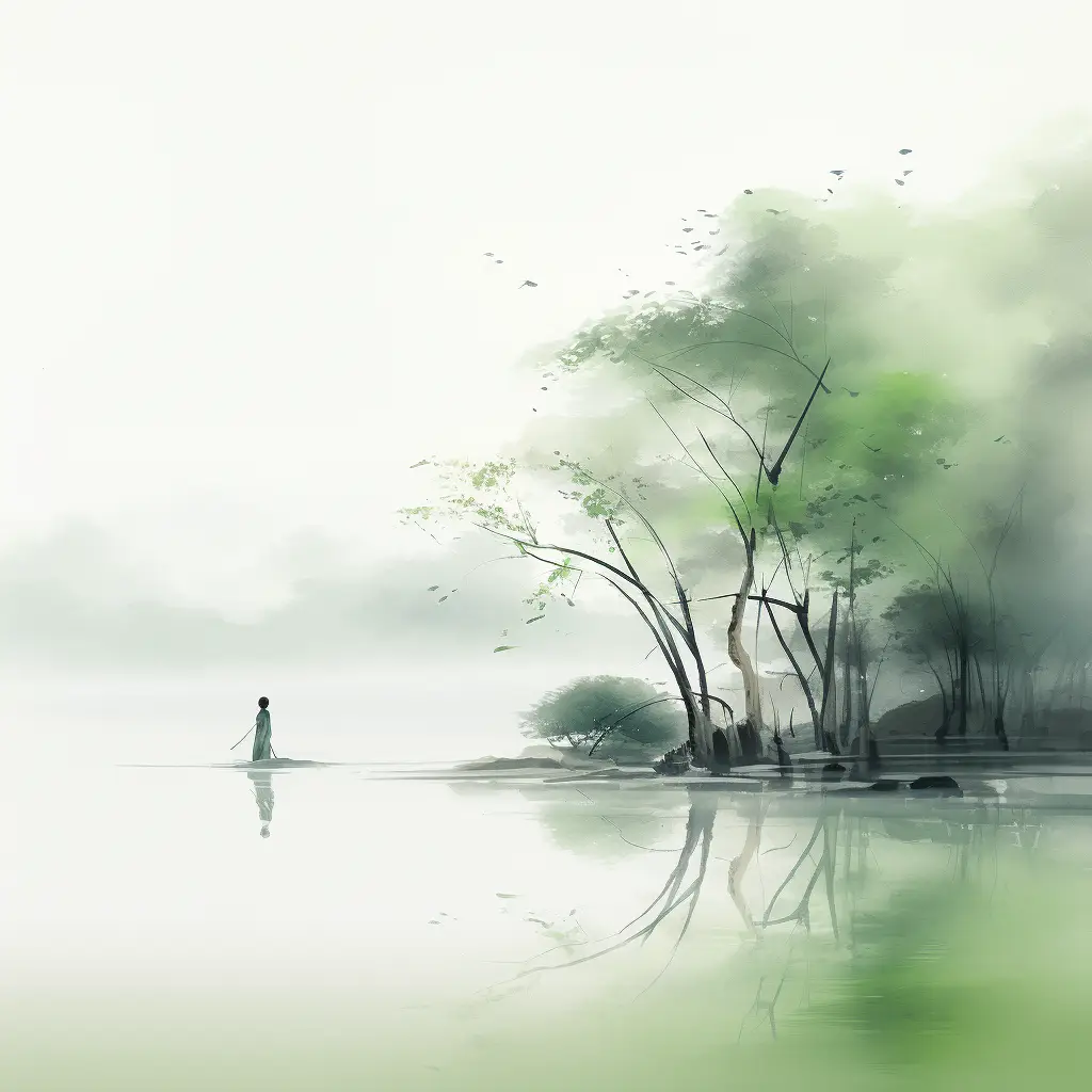 green ink wash painting Chinese forest grassland lake illustration
