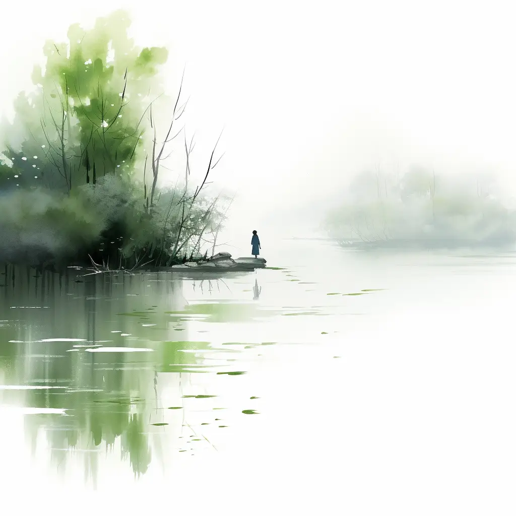 green ink wash painting Chinese forest lake grassland illustration