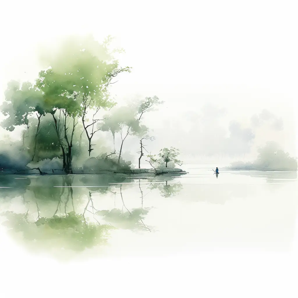 green ink wash painting Chinese grassland lake forest illustration