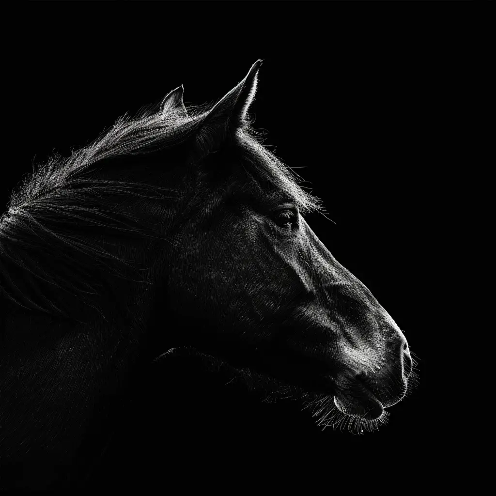 horse black white light face head mysterious silhouette photography