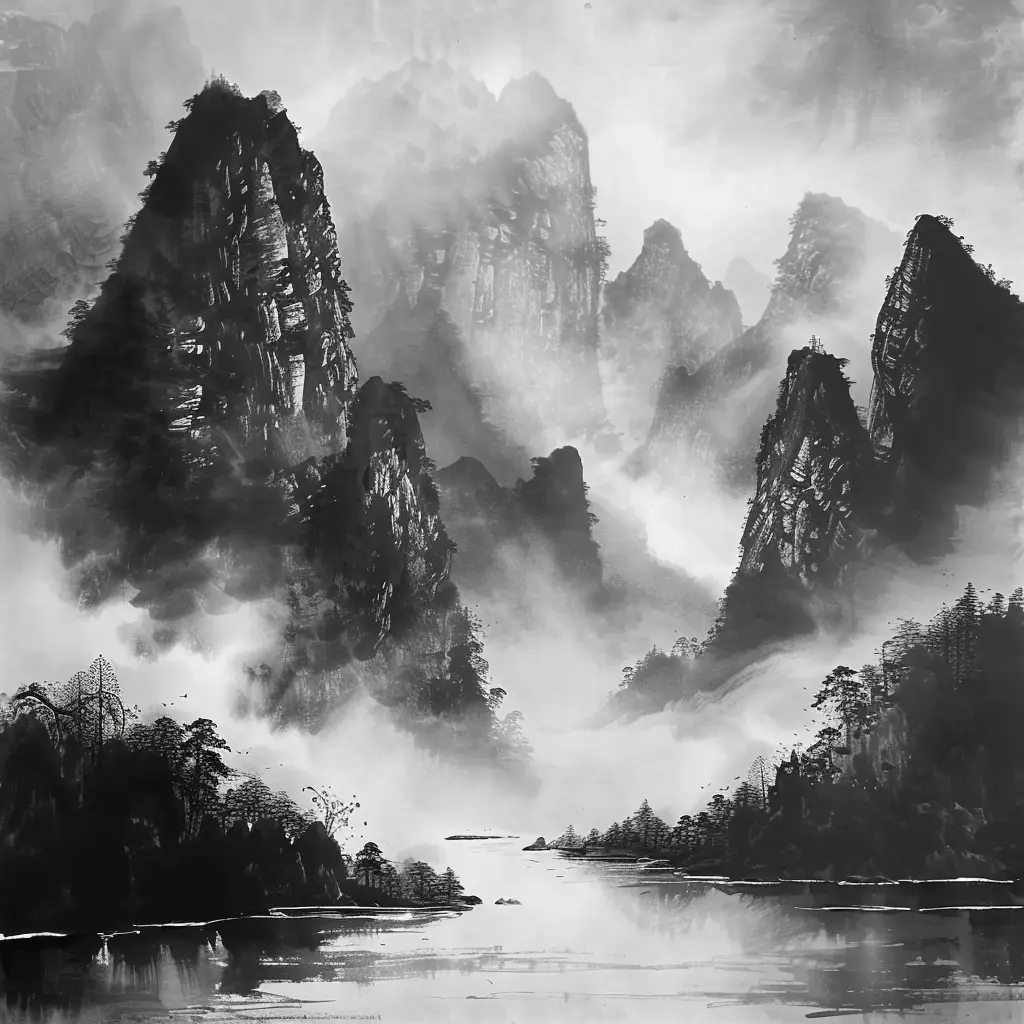 ink mountain wash river Chinese black and white landscape painting