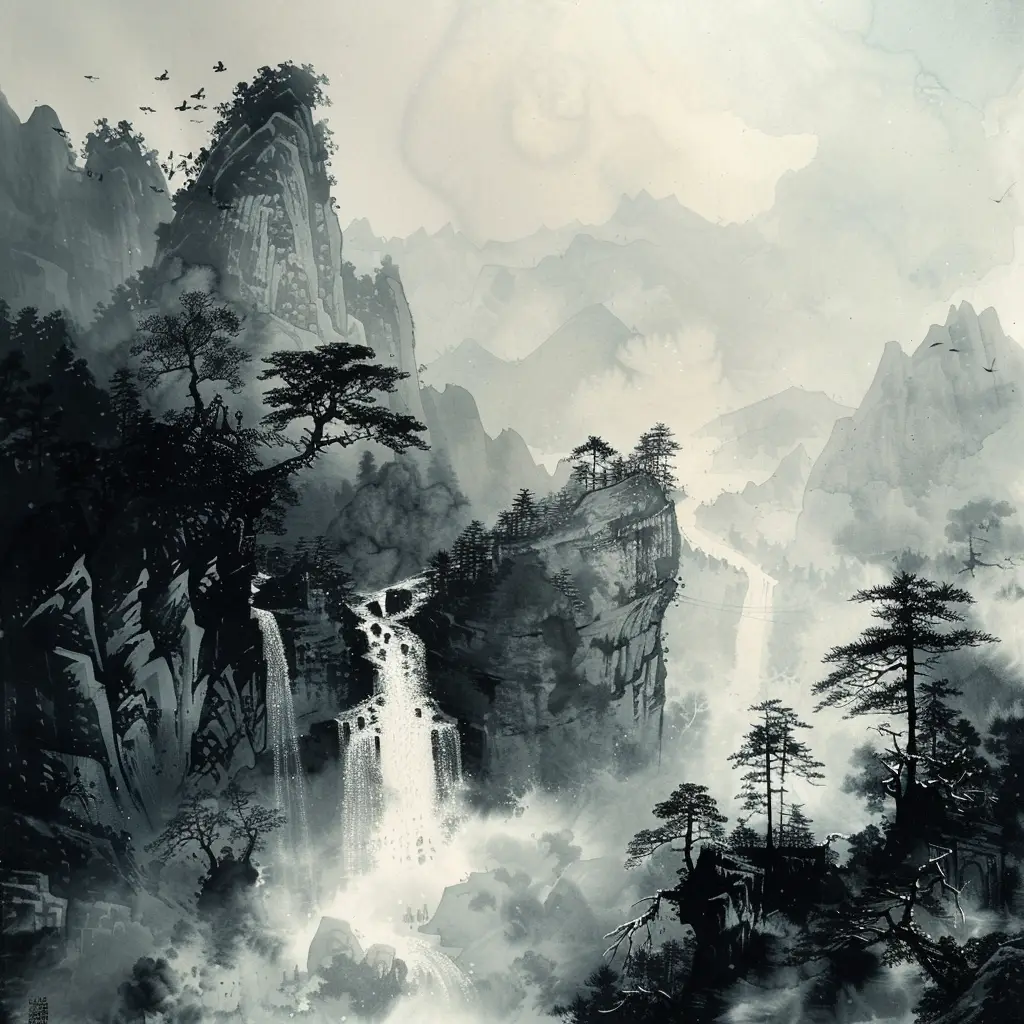 ink wash mountain river Chinese landscape black and white painting