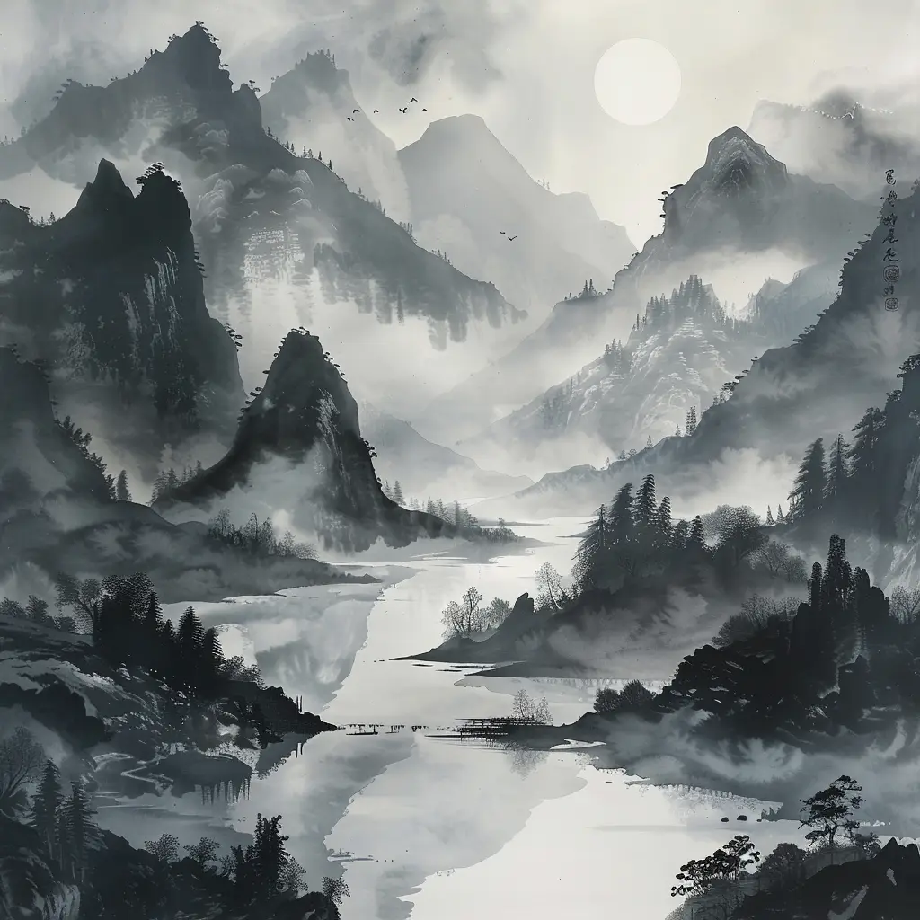 ink river mountain wash Chinese landscape black and white painting
