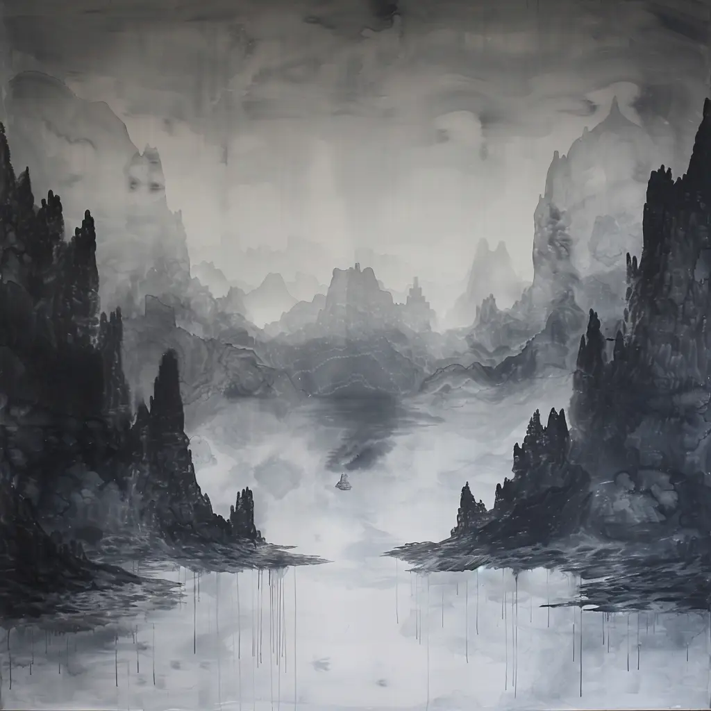 ink wash misty mountain Chinese river landscape black and white painting