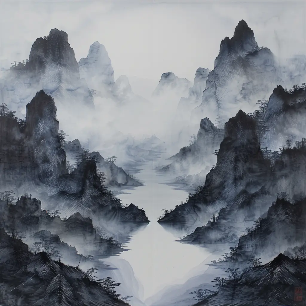 ink wash misty mountain river Chinese black and white landscape painting