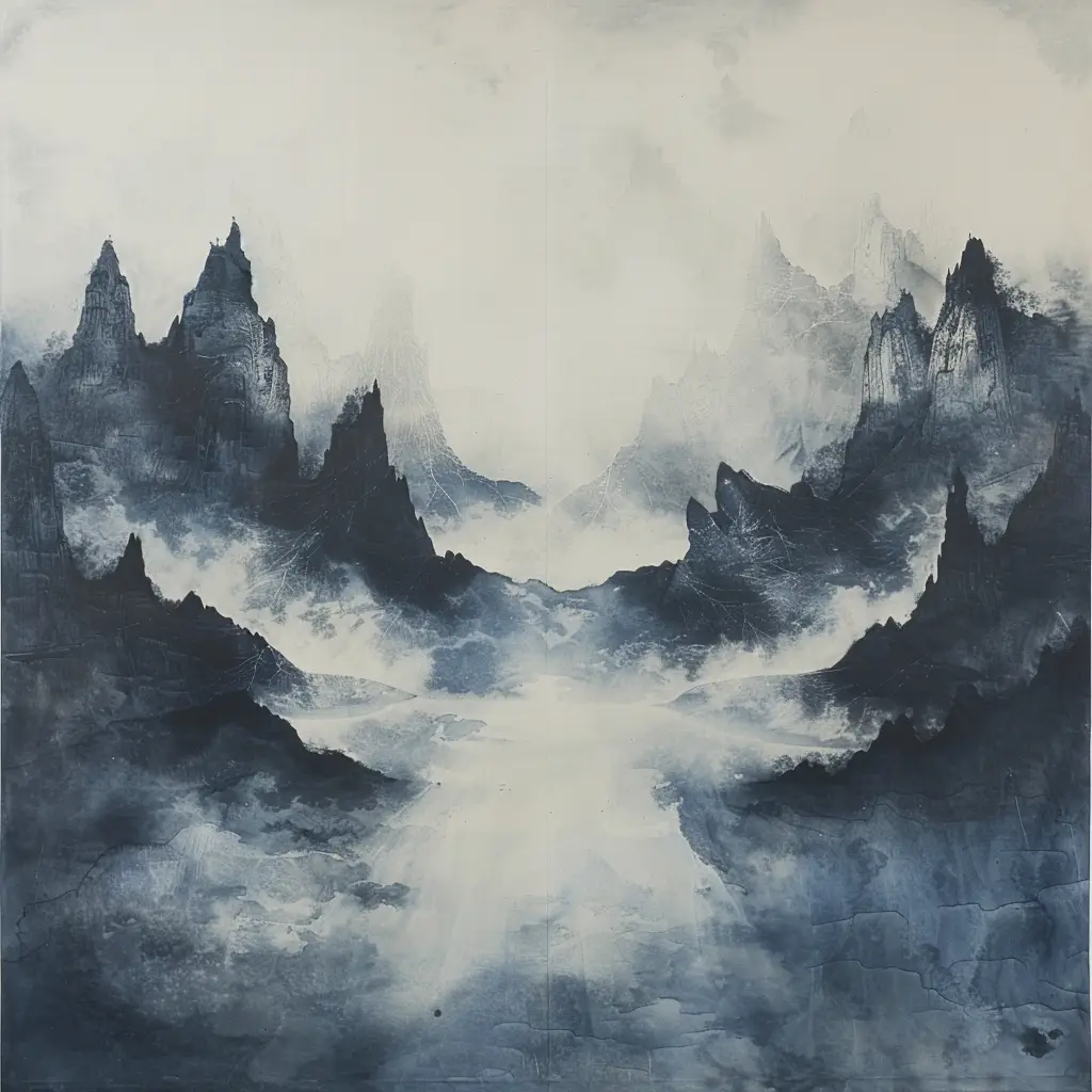 ink wash misty mountain river Chinese landscape black and white painting