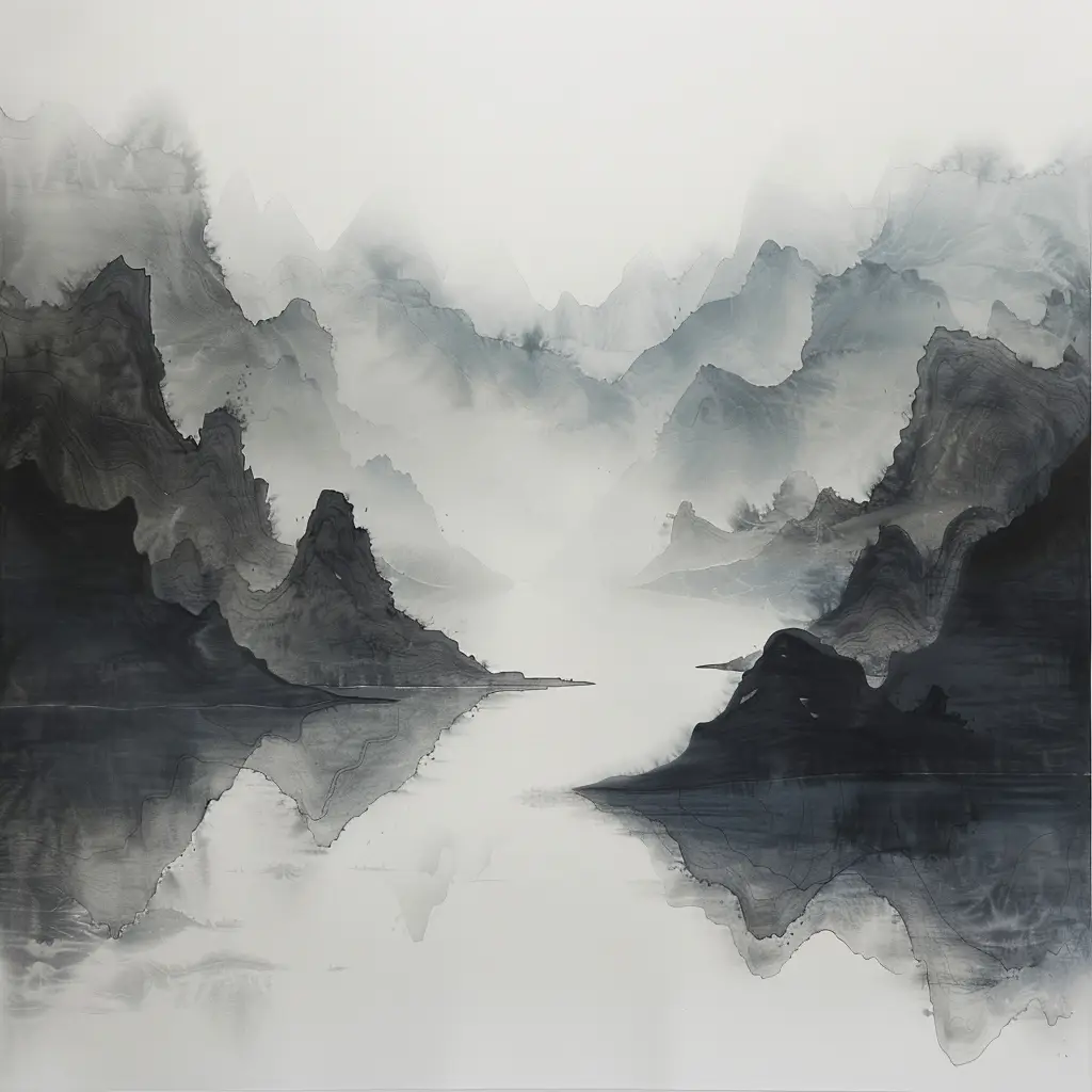 ink wash misty river mountain Chinese black and white landscape painting
