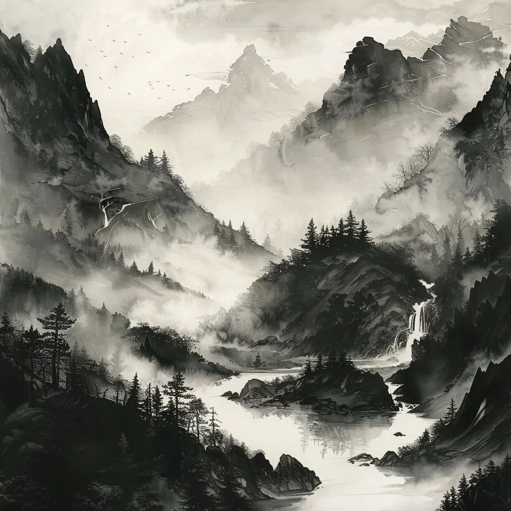 ink wash mountain river Chinese black and white landscape painting