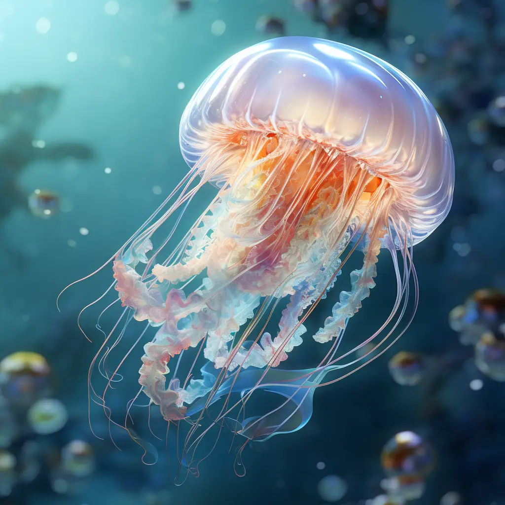 jellyfish medusa acaleph swim sea water swimming underwater oil painting