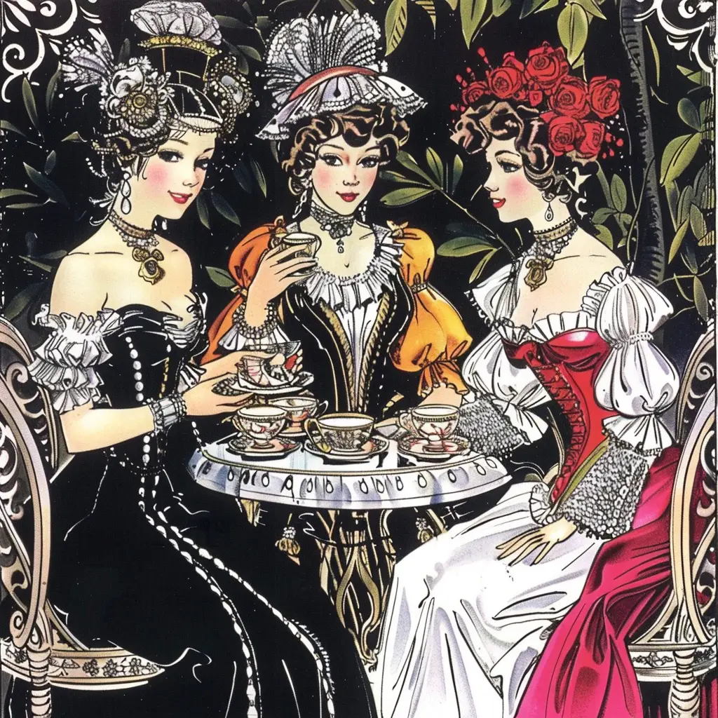 lady noble ladies retro leisure villa illustration afternoon tea