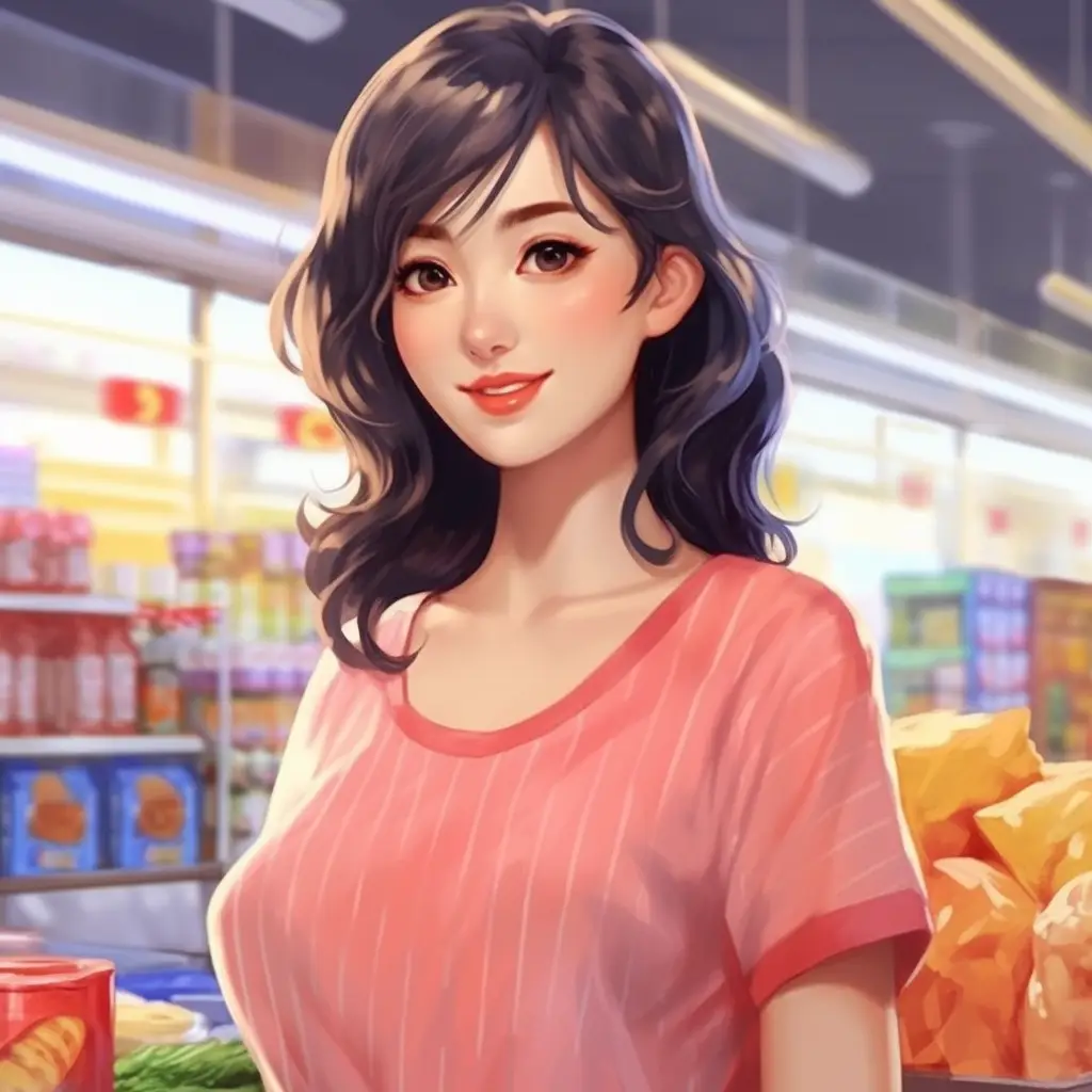 lady woman housewife supermarket cartoon illustration painting face portrait