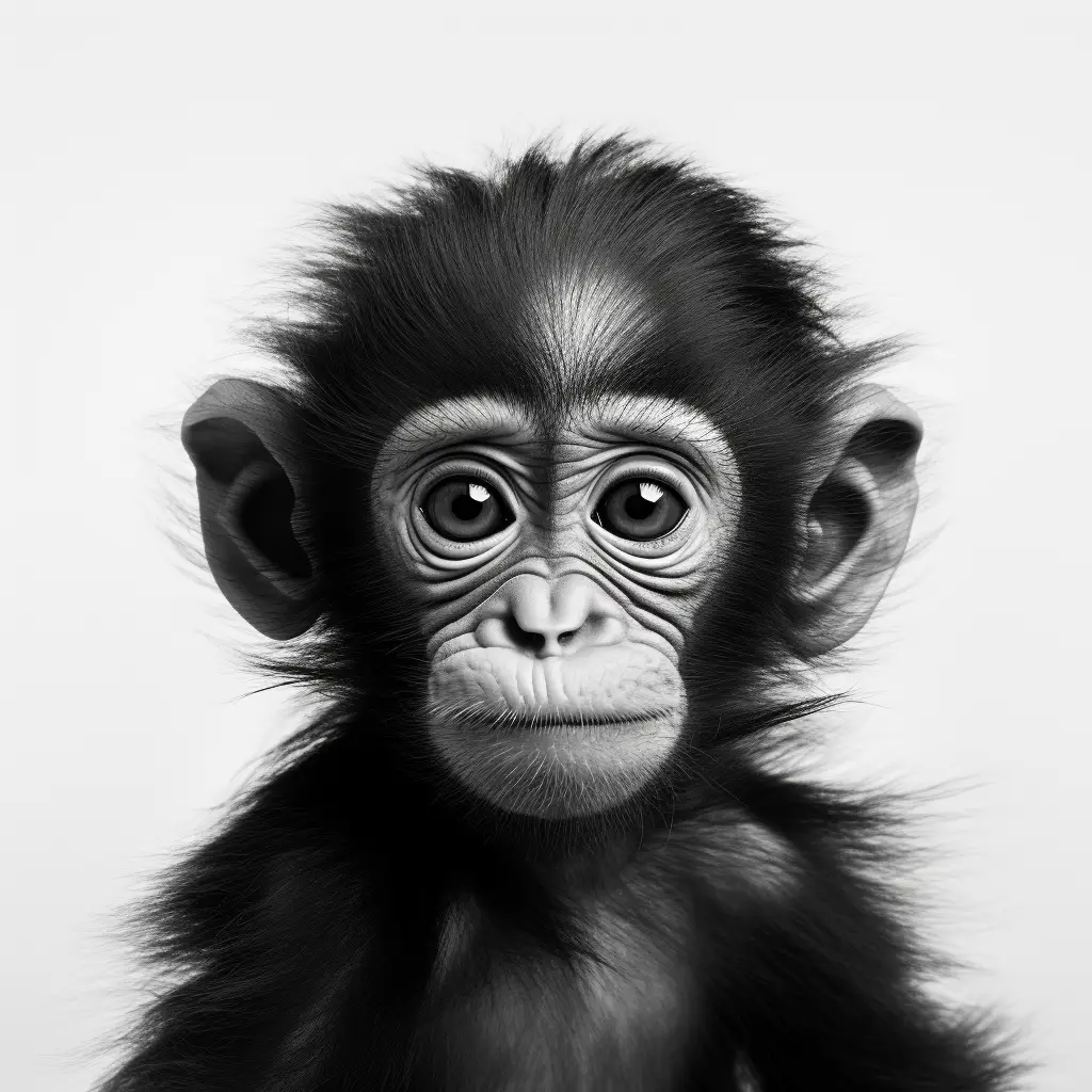 little monkey ape baby black white head face silhouette front photography