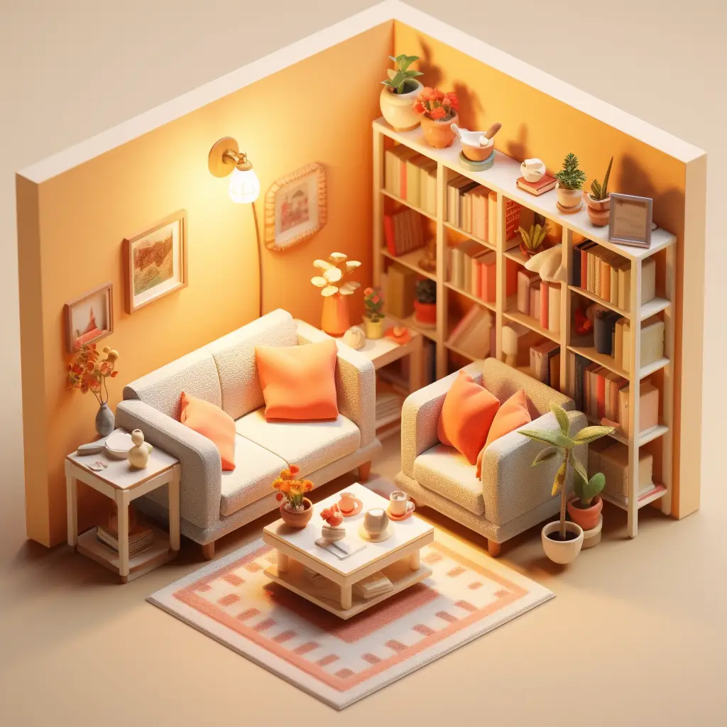 living room sofa light lamp bookcase C4D 3D model space scene
