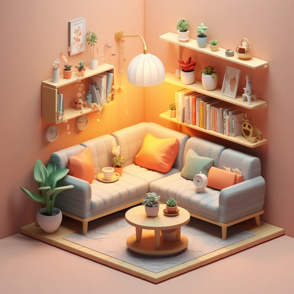 living room sofa light lamp bookcase C4D 3D space model scene