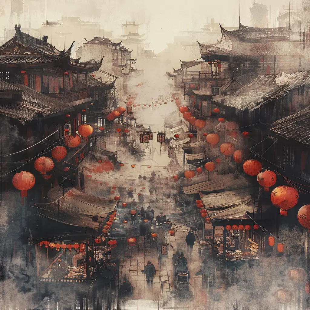 market ancient Chinese commercial street stall ink wash painting