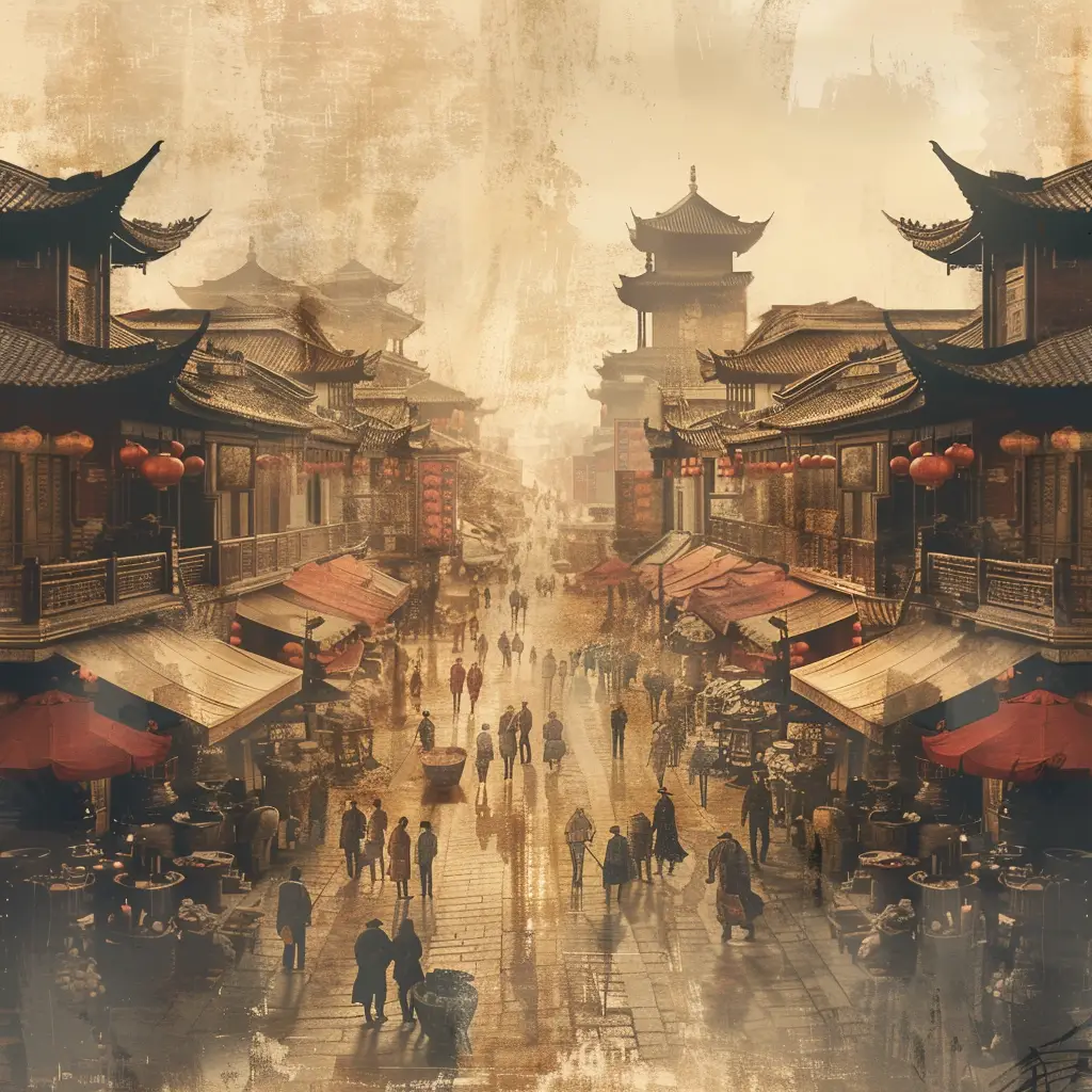 market ancient Chinese commercial street stall ink water wash painting