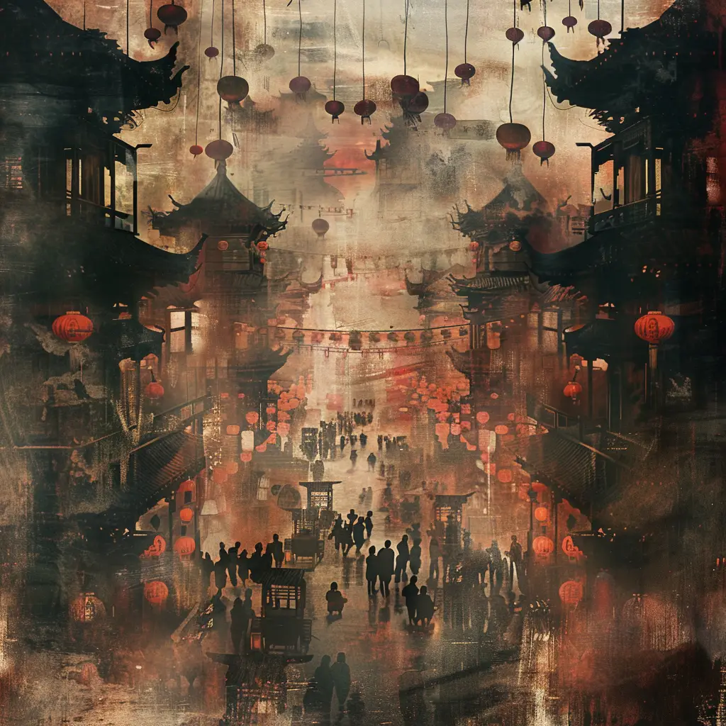 market ancient Chinese stall commercial street ink wash painting