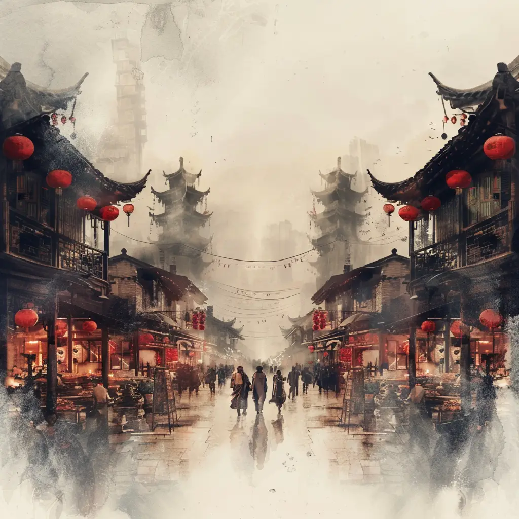 market ancient Chinese stall commercial street ink water wash painting