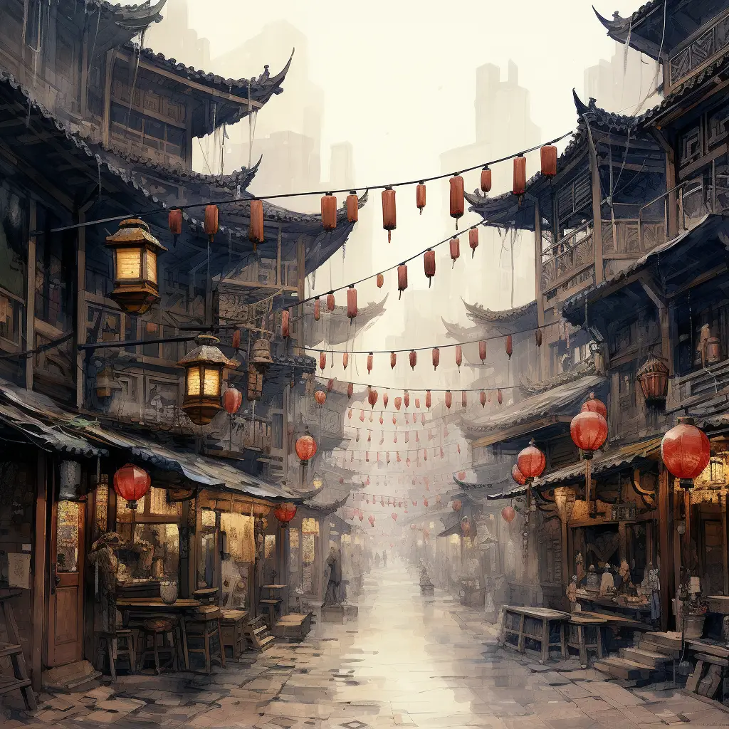 market street stall Chinese ancient ink wash painting