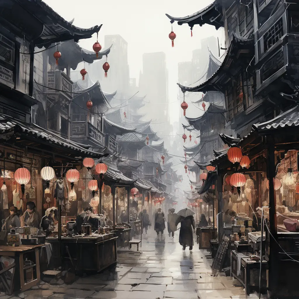 market street stall Chinese ancient ink water wash painting