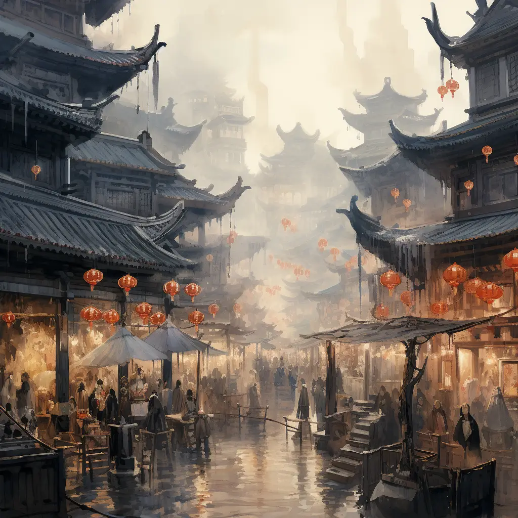 market street stall ancient Chinese ink wash painting