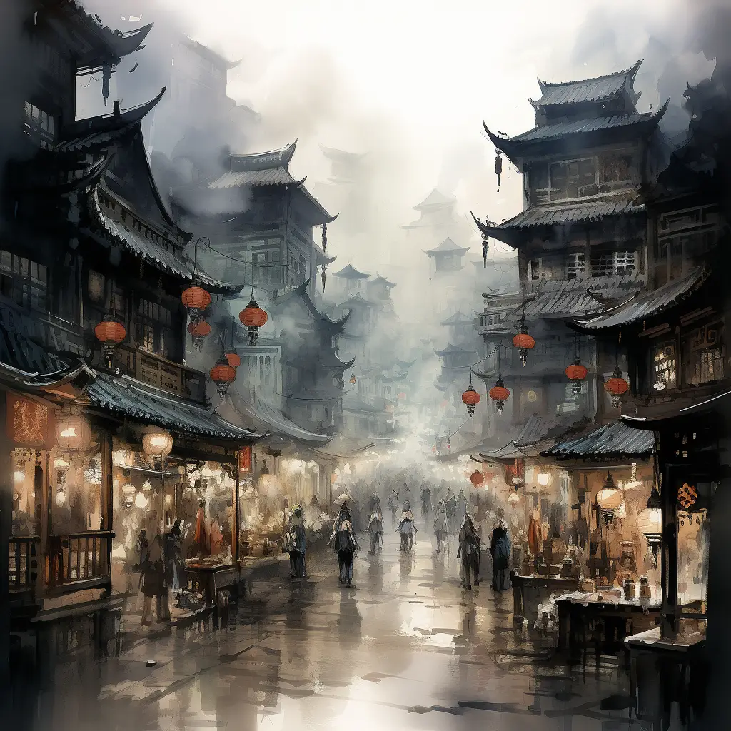 market street stall ancient Chinese ink water wash painting