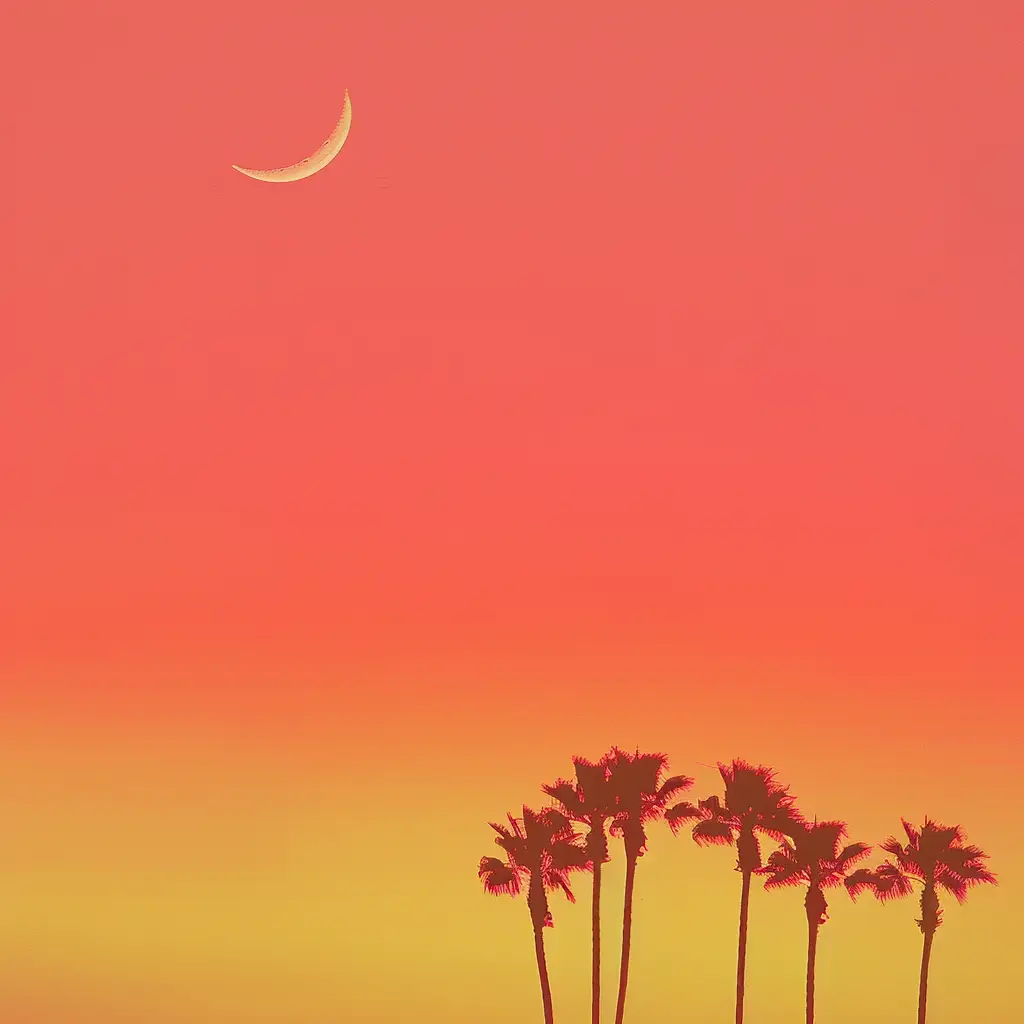 moon palm tree orange sky yellow illustration
