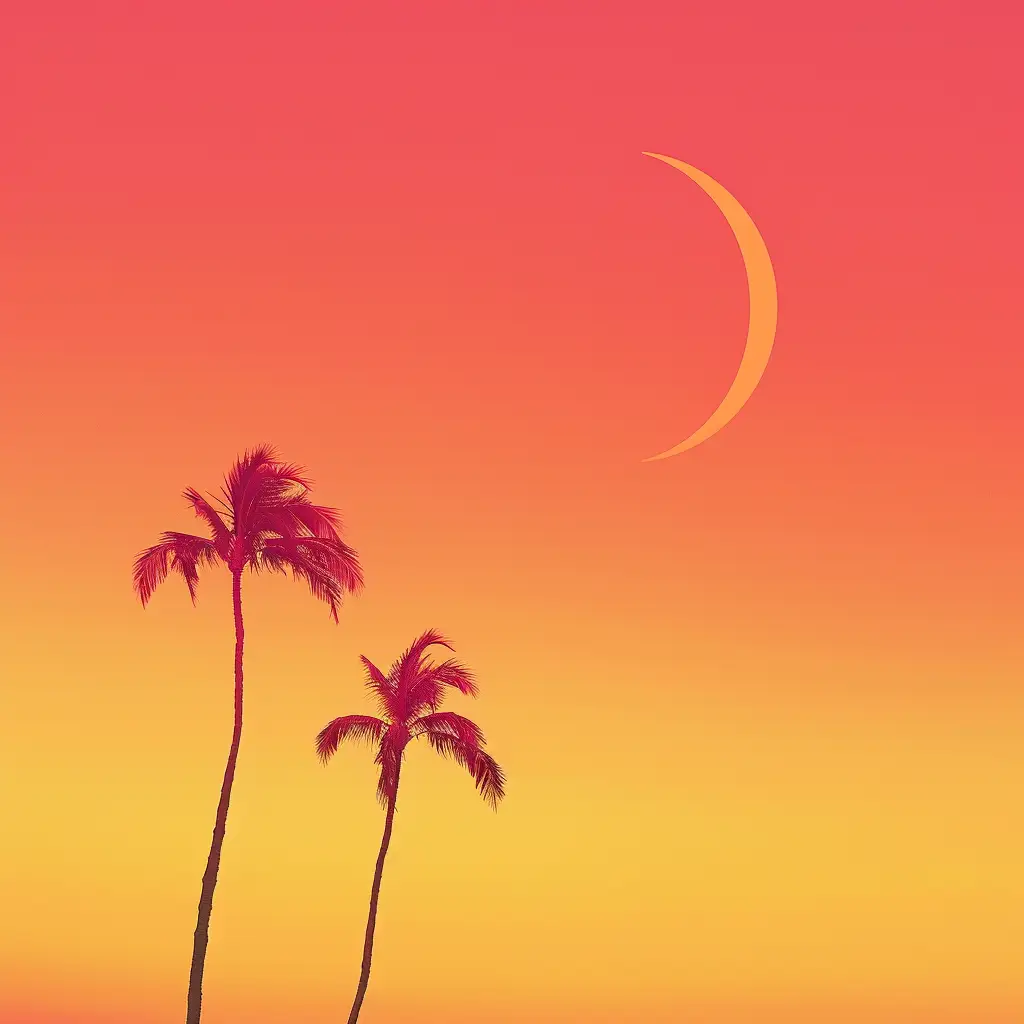moon palm tree orange yellow sky illustration