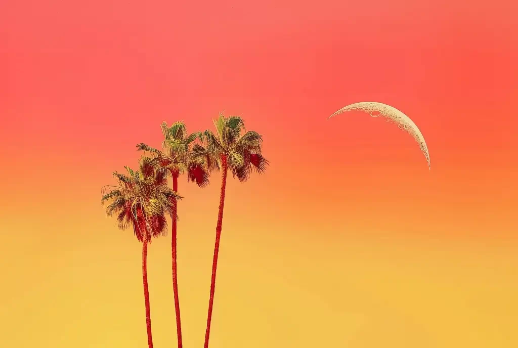 moon palm tree sky yellow orange illustration